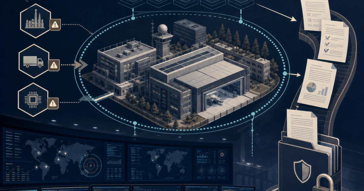 BlueVoyant CMMC review illustration showing a managed security operations center, Microsoft-heavy contractor network, data-flow boundary, and compliance evidence