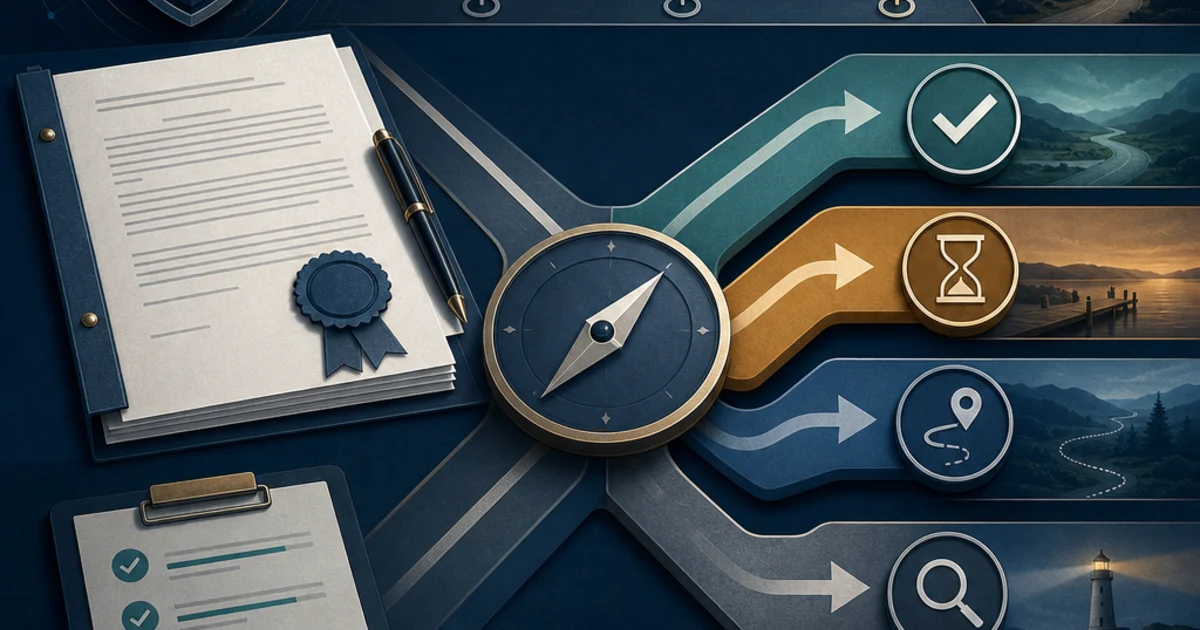 Editorial illustration of a CMMC voluntary assessment decision with a readiness checklist, contract document, and proceed or hold pathways