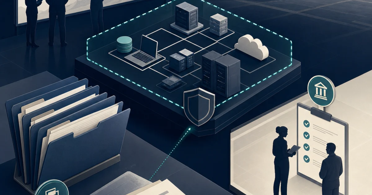 GuidePoint Security CMMC review illustration showing a readiness roadmap, evidence folders, a scoped contractor boundary, and separate assessment checkpoint