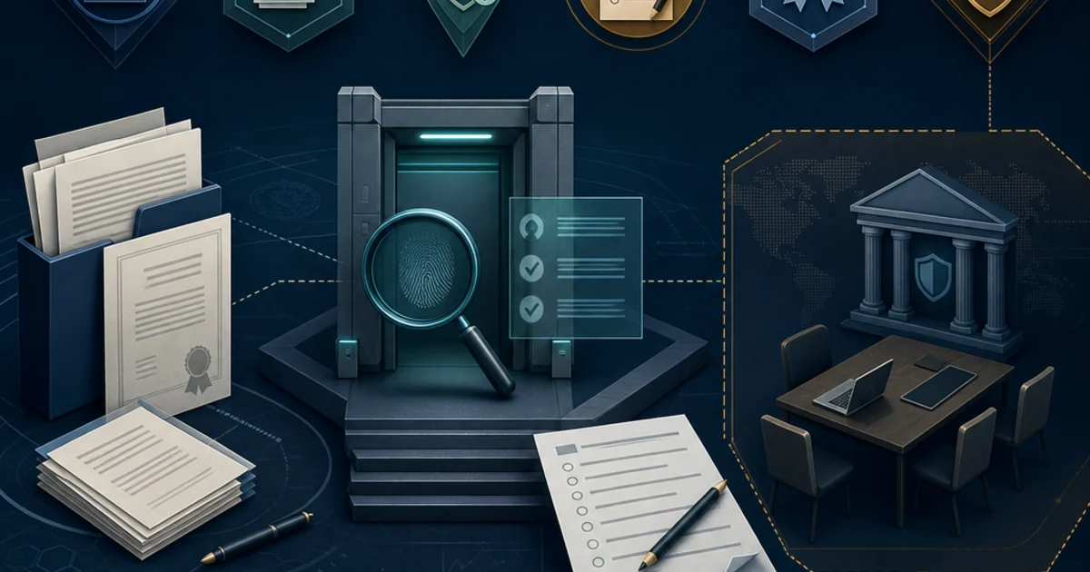 Editorial illustration of the six-stage CMMC Certified Professional credential path with eligibility documents, an exam checkpoint, background investigation, and active certification