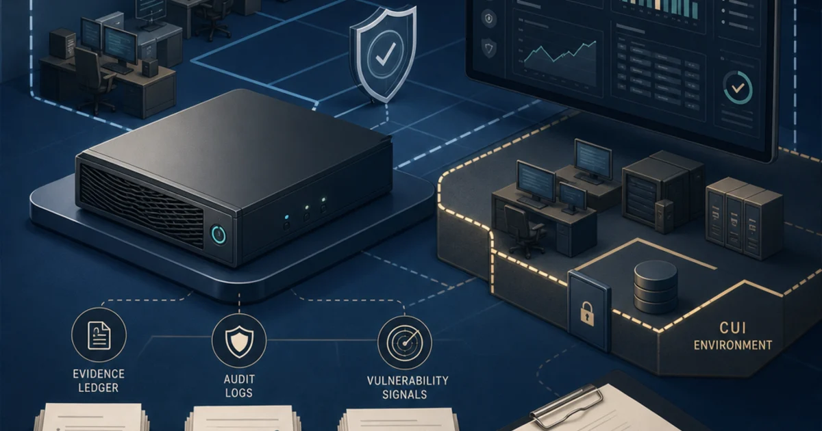 NeQter Labs CMMC review illustration showing an on-premises security appliance, audit evidence ledger, endpoint signals, and a protected contractor boundary